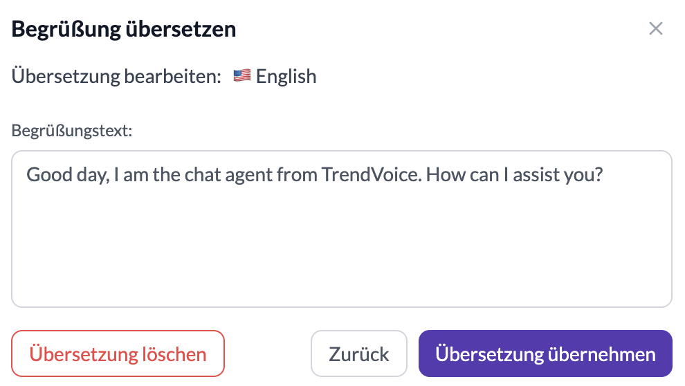 Dialog zum Bearbeiten einer englischen Chat-Begrüßung