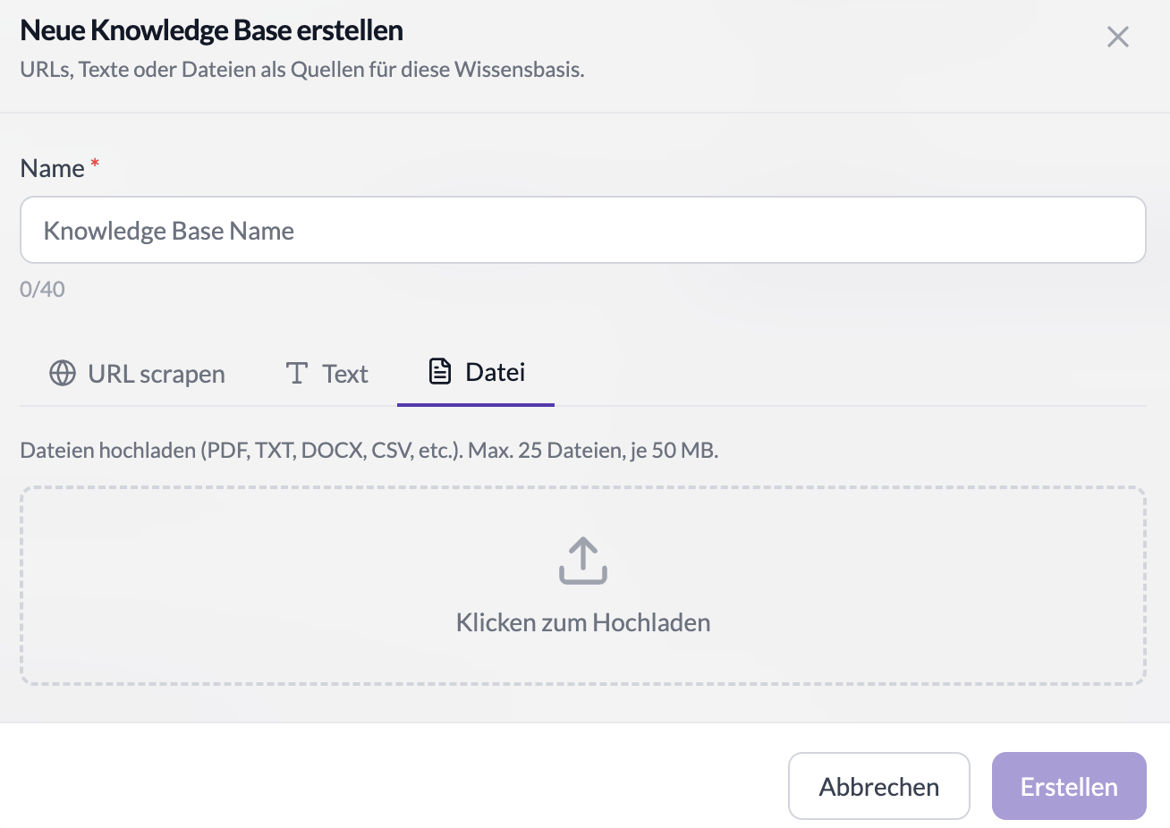 Dialog zum Erstellen einer neuen Knowledge Base