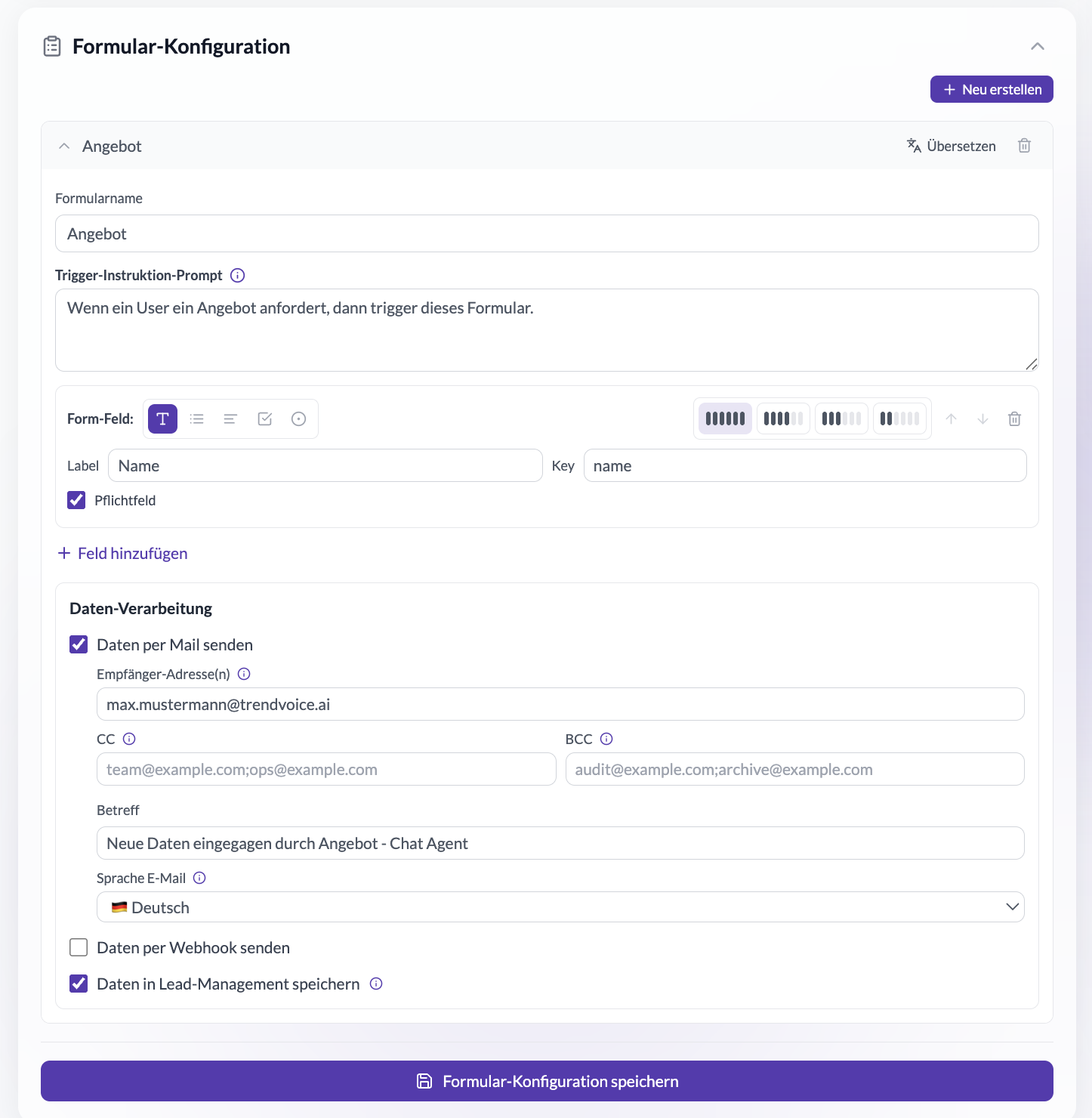 Konfiguration eines Lead-Formulars mit Feldern und Datenverarbeitung