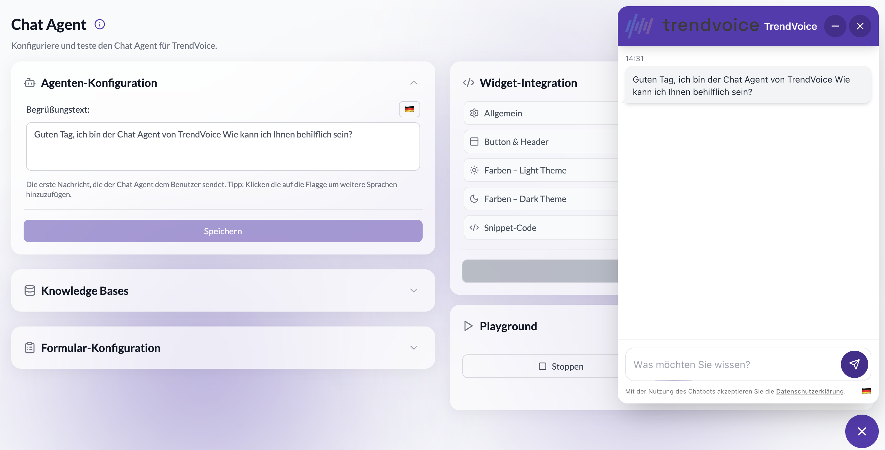 Chat-Agent-Playground mit geöffnetem Website-Widget