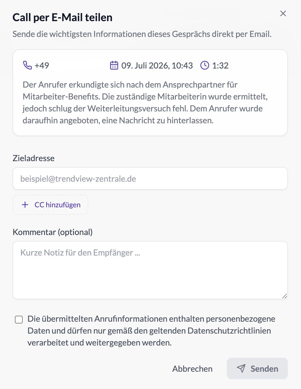 Anruf per E-Mail mit Zusammenfassung teilen