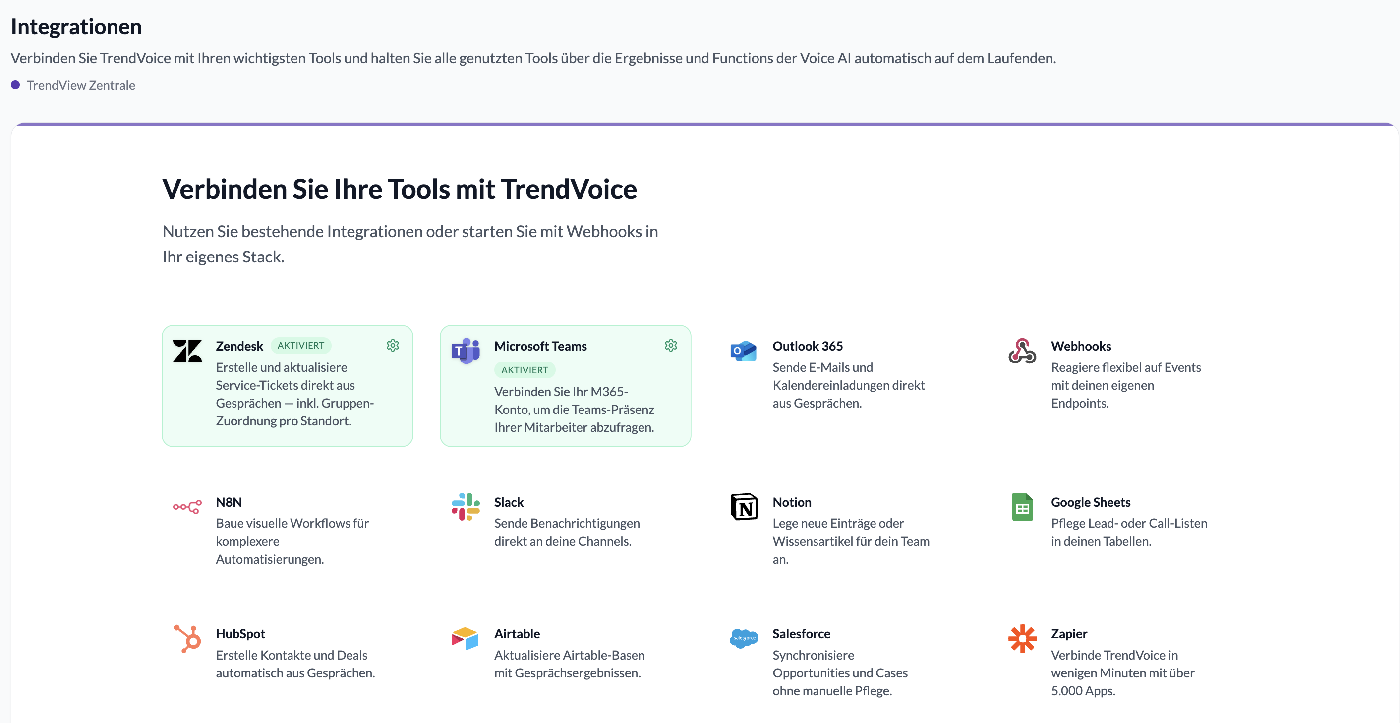 Integrationsübersicht mit verbundenen Tools