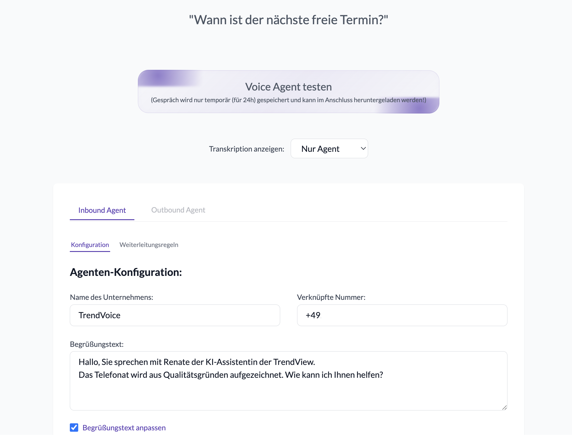 Konfiguration des Voice Agents mit Begrüßungstext